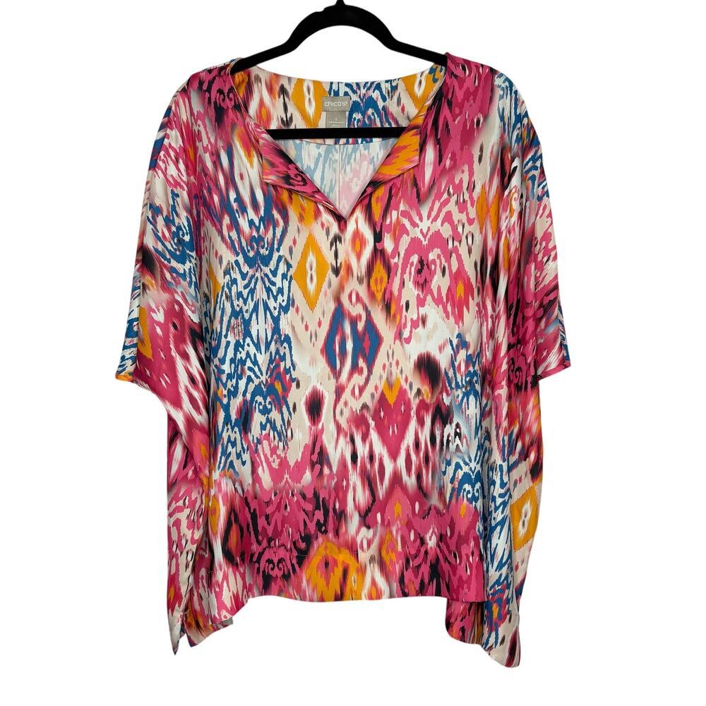 Chico's Flowy Ikat Boxy Dolman V Neck Pullover Short Sleeve Blouse Top Size 3